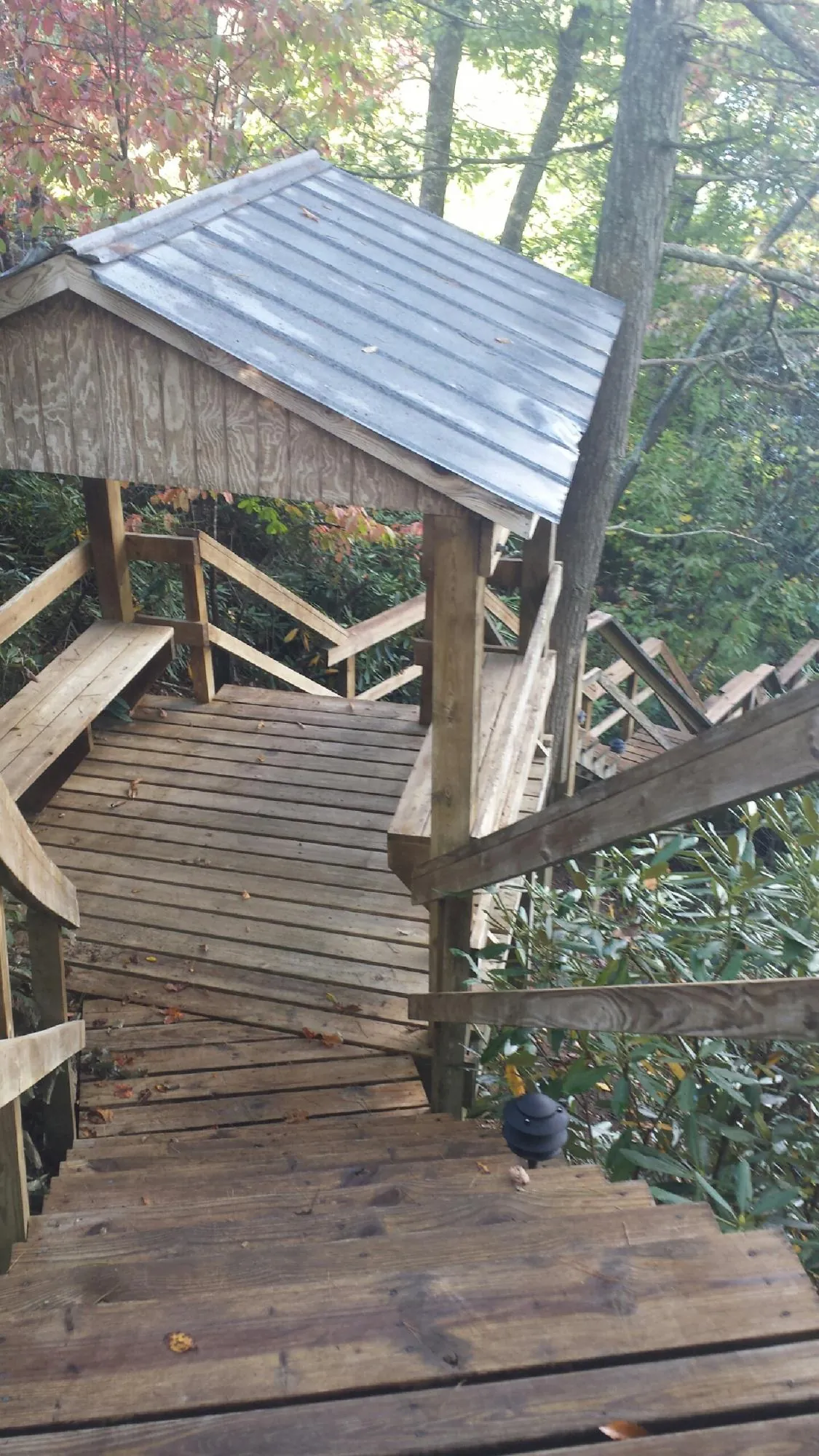 Metal roofed shelter over wooden steps on a wooded walkway — Skylight Repair & Installation work by our crew in Waynetown